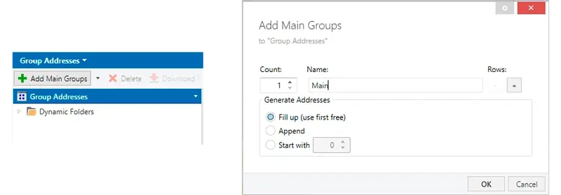 Under the projects tabs bar click on "Topology" dropdown list and select "Group Addresses" from the list. Click on "Add Main Groups" and in the opened modal window fill in "Name" field with "Main" value, click "OK" button.