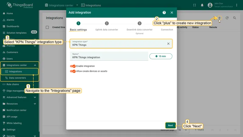 Add integration wizard — Basic settings: Integration type set to KPN Things