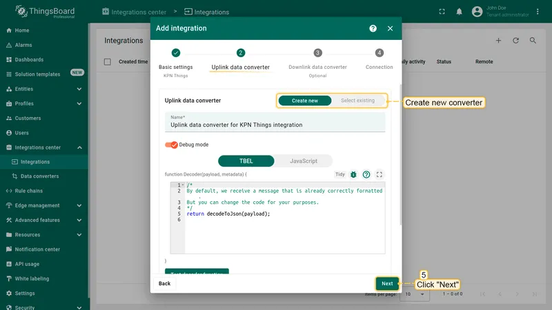 Add integration wizard — Uplink data converter: Create new selected with default decodeToJson decoder