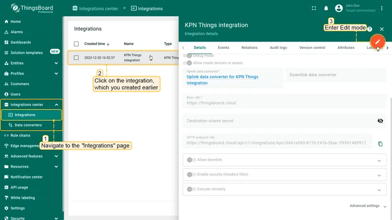 KPN Things integration detail — view mode with edit icon highlighted