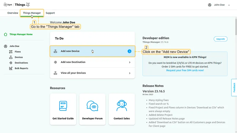 KPN Things Manager Home — Add new Device button