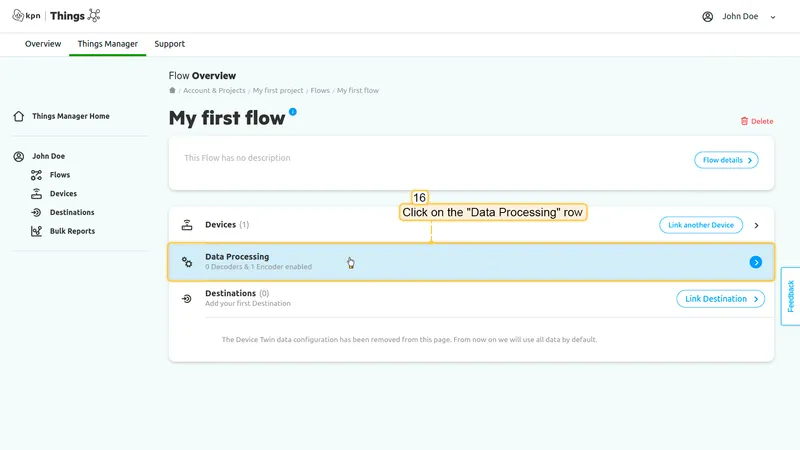 KPN Things My first flow overview — Data Processing row highlighted