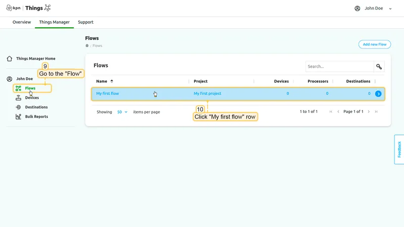 KPN Things Flows page — My first flow row highlighted