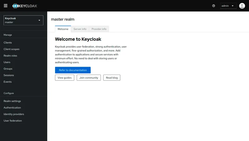 Keycloak admin console dashboard