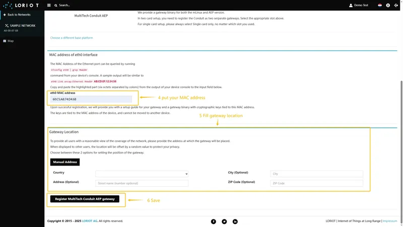 Scroll up and put information about the gateway **MAC Address** (Just remove **FFFF** or **FFFE** in the middle of **gateway EUI**) into **eth0 MAC address** and gateway EUI to **Custom EUI** field.