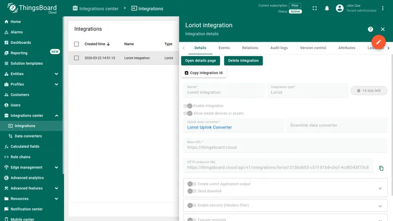 Loriot integration details panel — HTTP endpoint URL visible, all optional toggles disabled