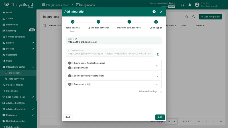 Connection step — HTTP endpoint URL shown