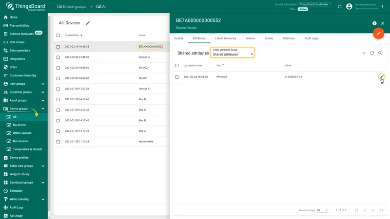 Device BE7A000000000552 — Shared attributes tab with firmware attribute set to 01052020.v1.1