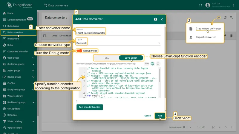 Add Data Converter dialog — name Loriot Downlink Converter, type Downlink, Java Script tab selected with encoder function