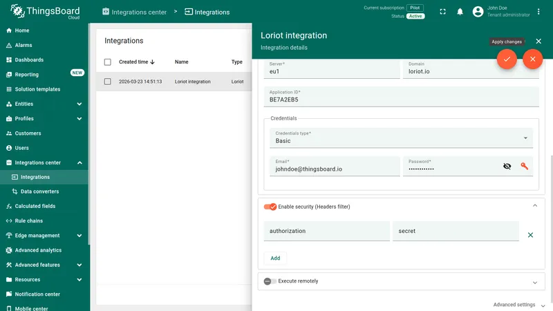 Loriot integration edit mode — Create Loriot Application output credentials filled, Enable security enabled with authorization/secret header added, Apply changes visible