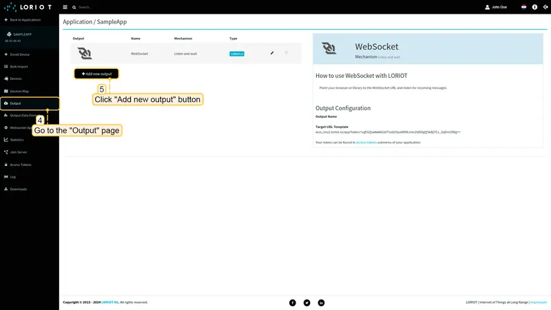 Now, go to **eu2.loriot.io** than navigate to the **"Output"** page in left panel. Click on **"Add new output"** button