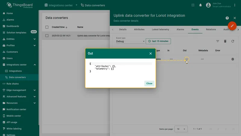 Uplink converter event — Out dialog showing decoded result with attributes and telemetry keys