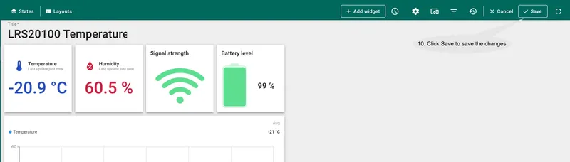 Repeat the previous steps for other widgets. Lastly, click <b>Save</b> to store the changes and the dashboard is then ready for monitoring the new device.