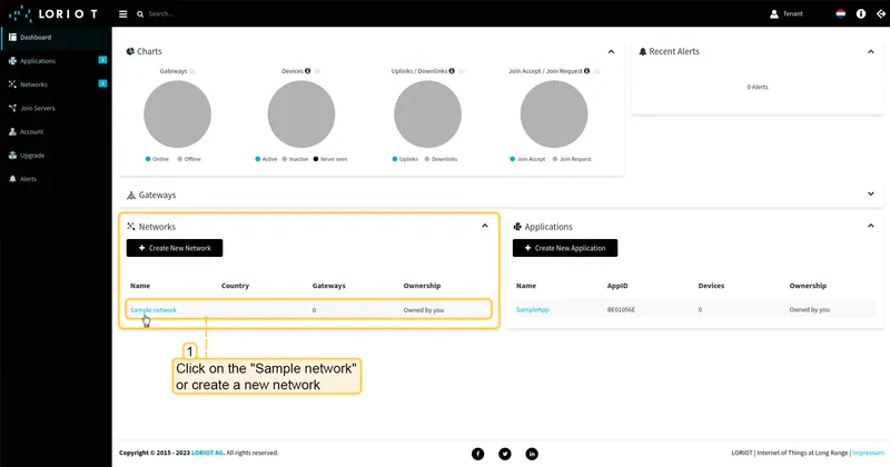 Login to Loriot server. Open the "**Sample network**" or create a new one in the "**Networks**" section