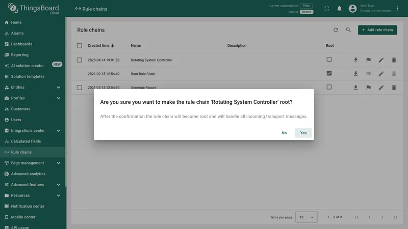 Confirmation dialog for making rule chain root