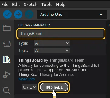 Put "**ThingsBoard**" into the search box and press "***INSTALL***" button for the found library.