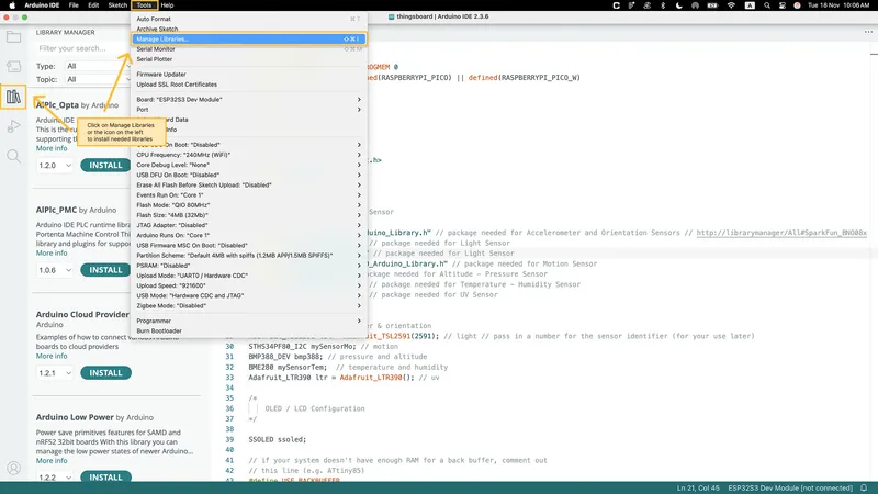 Go to the **Tools** tab and click on **Manage libraries**.