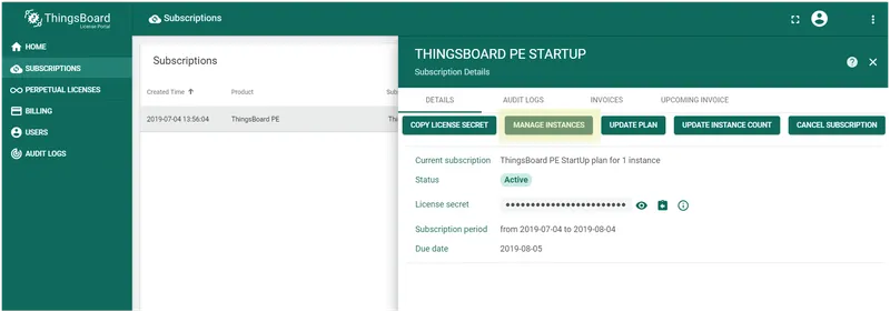 Manage instances in License portal