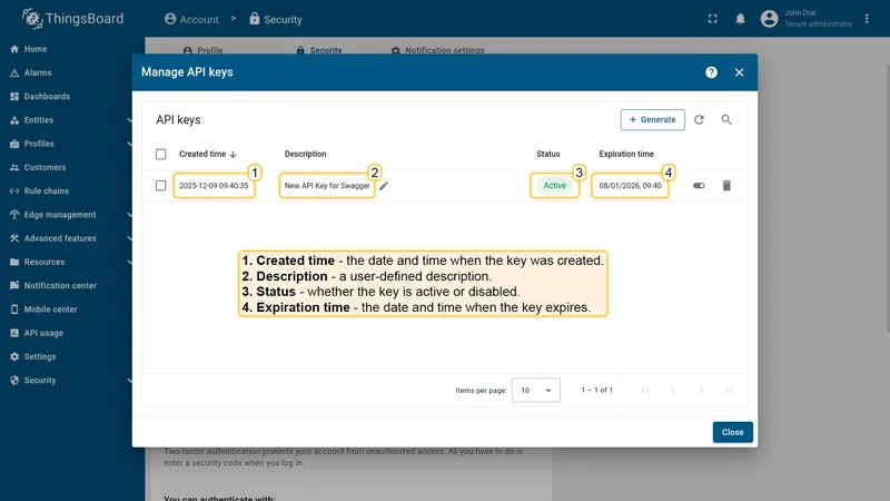 API keys table