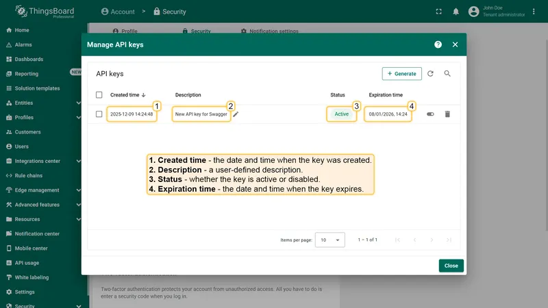 API keys table