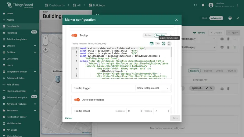 Marker configuration dialog with the tooltip function editor and fullscreen button highlighted