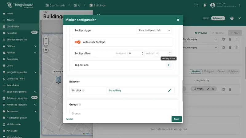 Marker configuration dialog with Tag actions section and add button highlighted