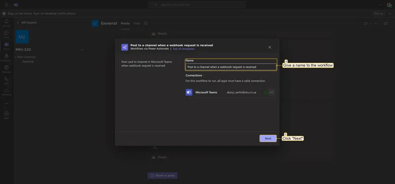 Workflow setup — enter a name and click Next