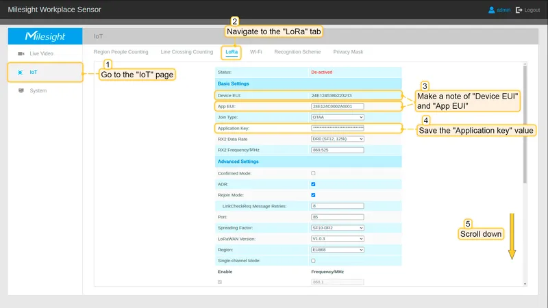 Go to the **IoT** page in the left panel and navigate to the **LoRa** tab. Make a note of **Device EUI** and **App EUI**. Generate and enter a new password in hexadecimal format in the **Application Key** field and note it