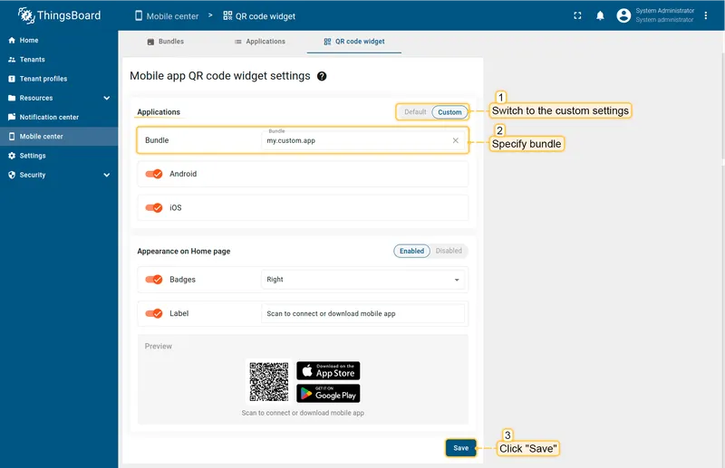 QR code widget settings — Custom tab selected with a bundle name entered and Android/iOS toggles