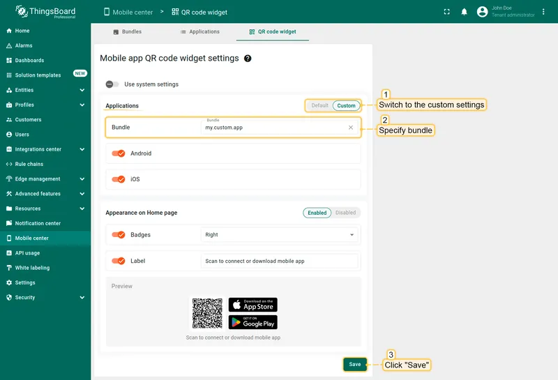 QR code widget settings — Custom tab selected with a bundle name entered and Android/iOS toggles