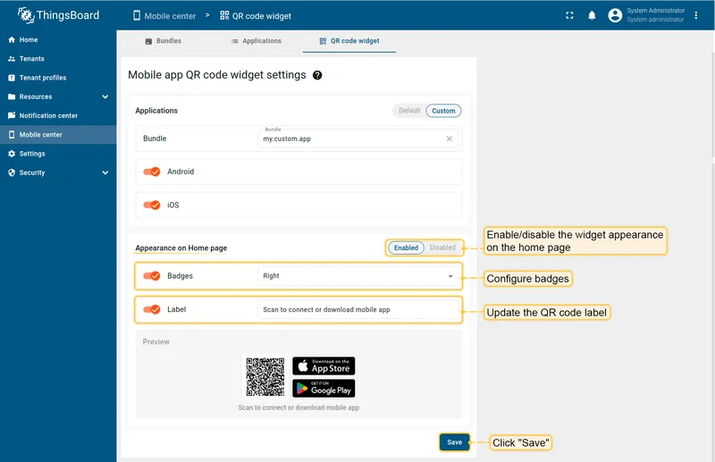 QR code widget appearance settings showing Enabled toggle, Badges location dropdown, Label field, and QR code preview