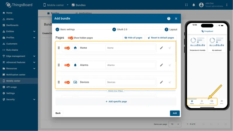 Layout step showing the default navigation menu items list