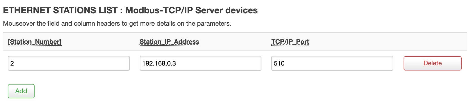 Modbus TCP settings configuration for ACE Gateway