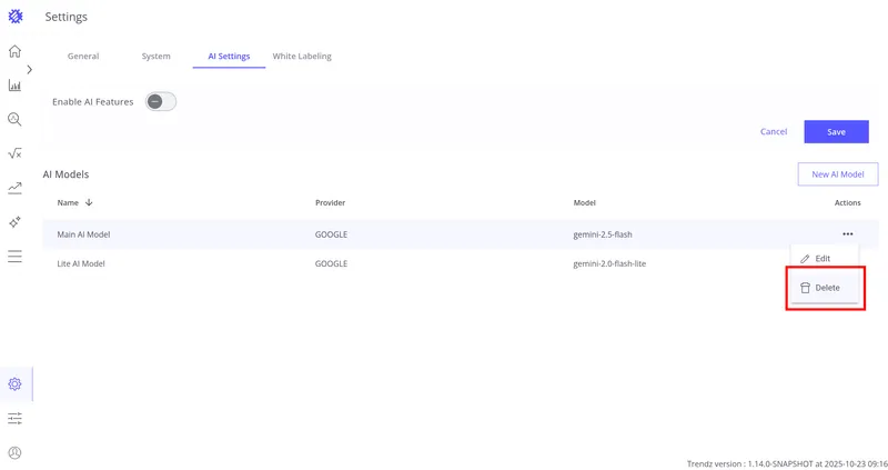 Actions menu — Delete option