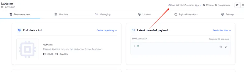 TTN device list showing registered device