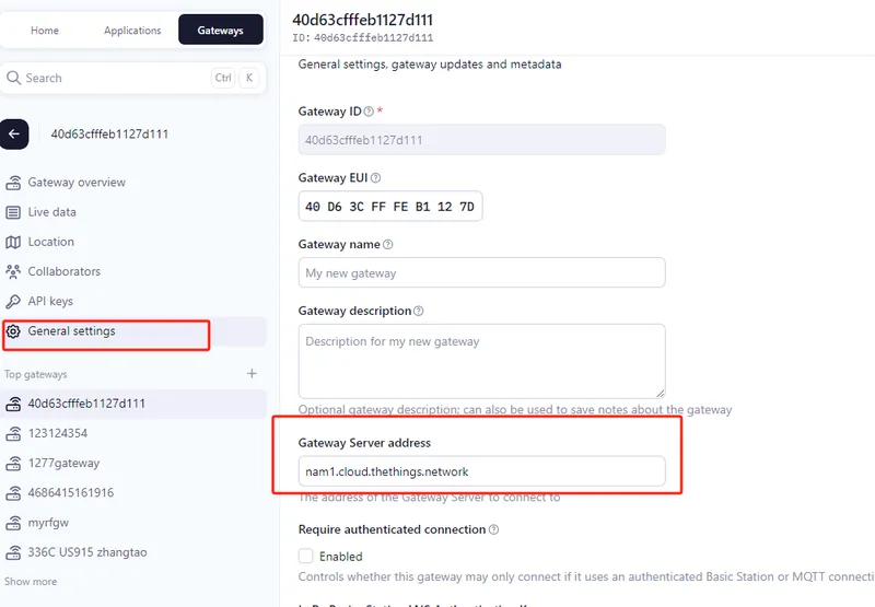 TTN gateway General settings showing server address