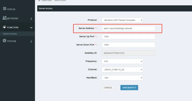 MKGW2 Web GUI with server address and channel configured