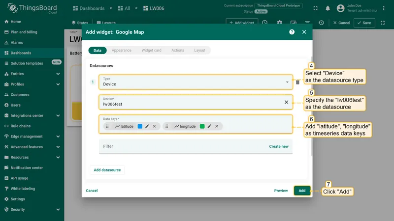 Add widget dialog with latitude and longitude keys