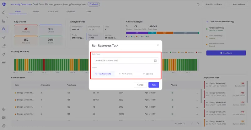 Run Reprocess Task dialog showing date range picker and scope selection