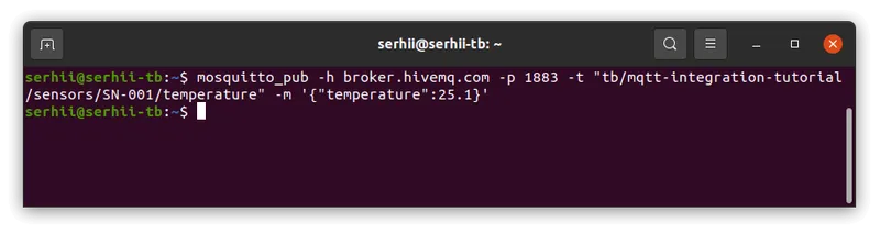 Terminal window: mosquitto_pub command publishing {"temperature":25.1} to broker.hivemq.com, no output after the command