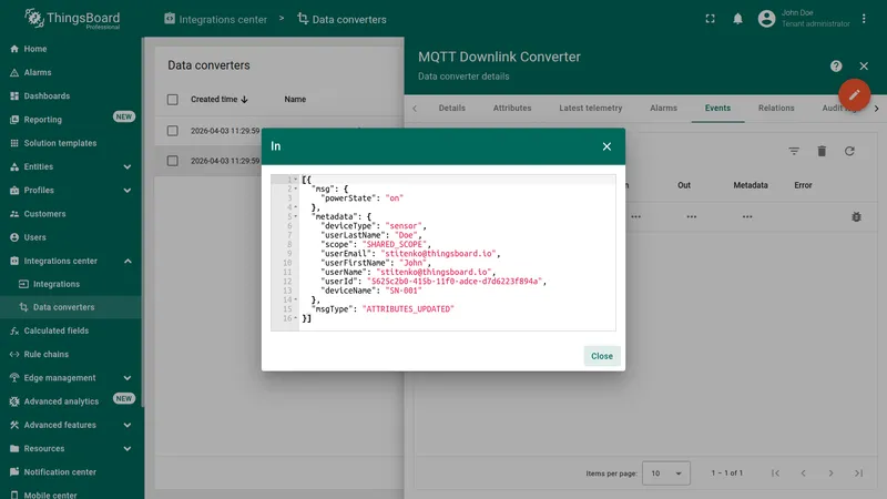 Incoming ATTRIBUTES_UPDATED message with powerState attribute and metadata