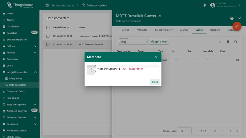 Metadata containing integrationName MQTT integration