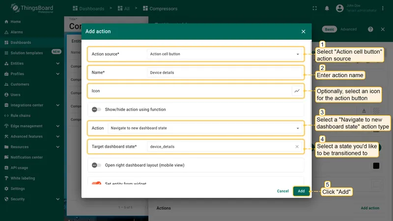 Configure Navigate to new dashboard state action