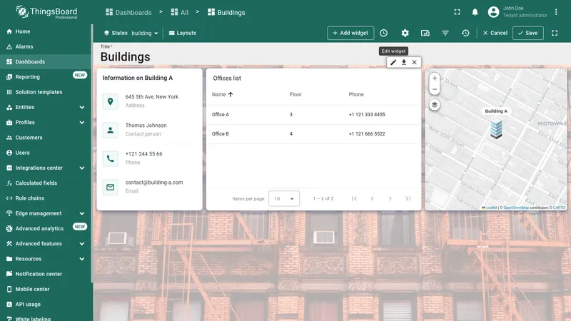 Dashboard in edit mode with the Offices list widget and edit (pencil) icon highlighted