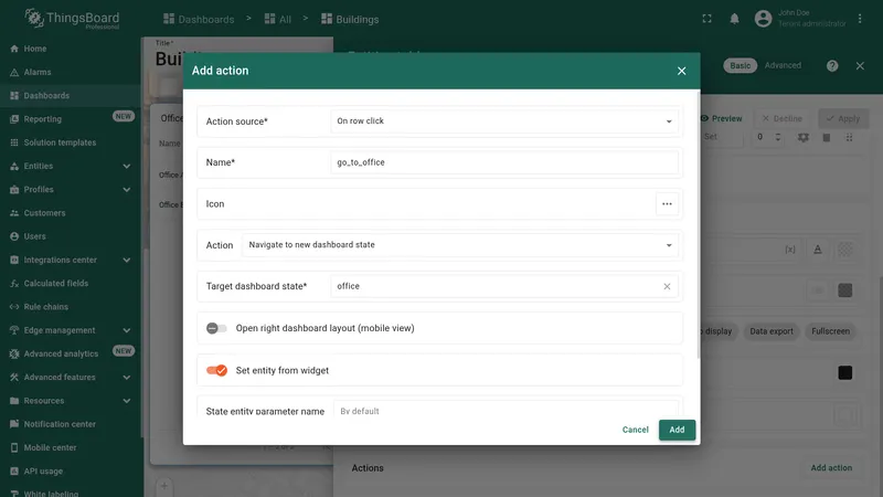 Add action dialog configured for row click navigation to the office state