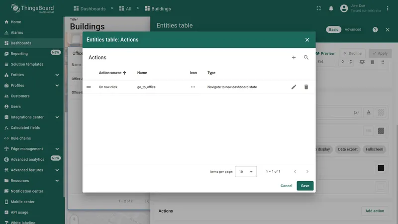 Actions dialog with the configured action and Save button