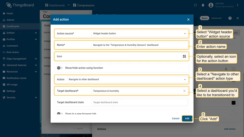 Configure Navigate to other dashboard action