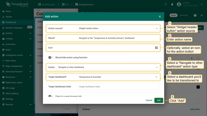 Configure Navigate to other dashboard action