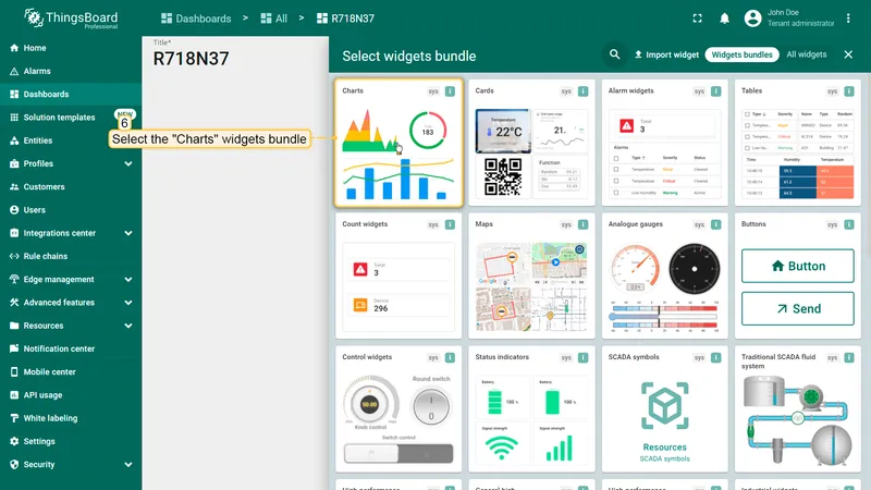 Widget bundle browser with Charts bundle highlighted