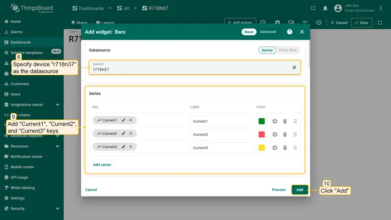 Bars widget configuration with r718n37 datasource and current keys